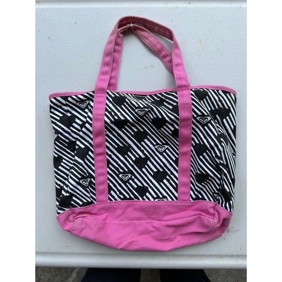 Roxy 100% Cotton Got For It Heart Graphics Strips Hook Loop Closure Tote Bag - Picture 2 of 5